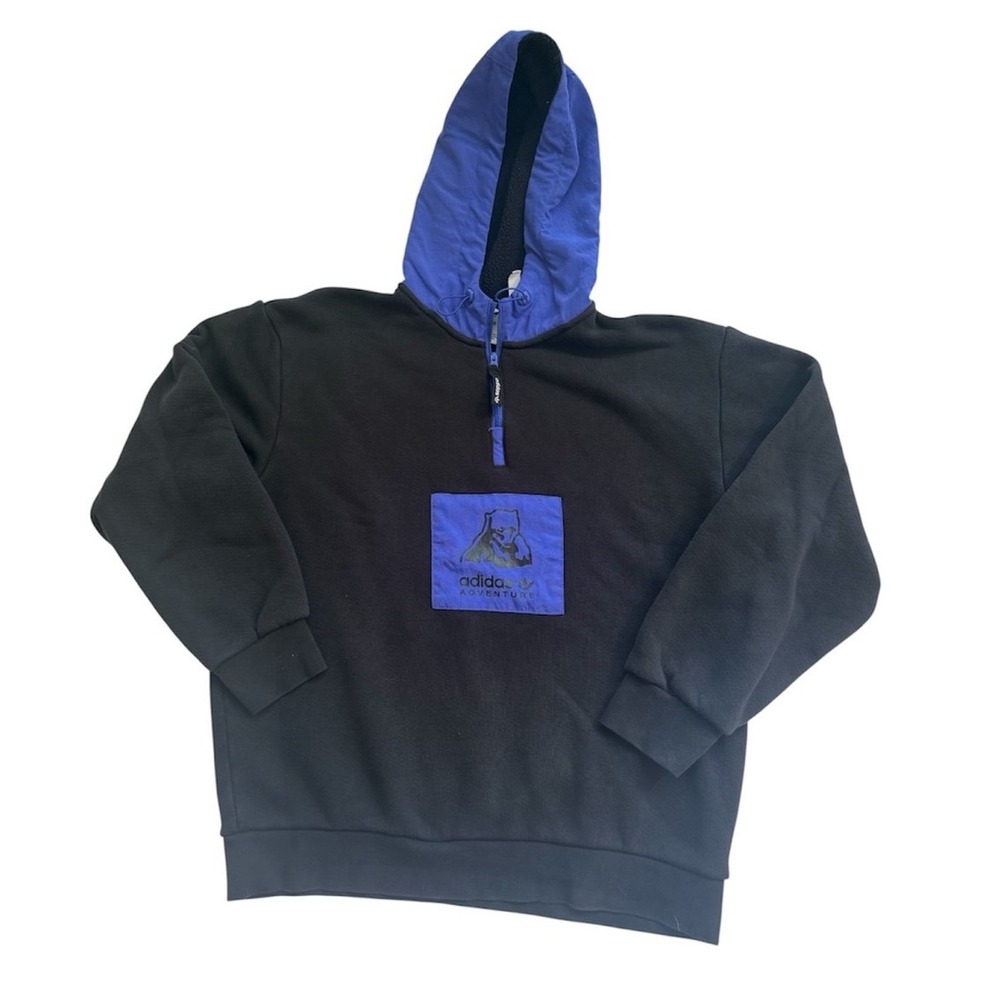 Adidas Adventure Mens Black Blue Fleece Quarter Zip Hoodie Bear Graphic Size M